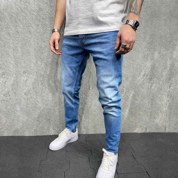 

men's jeans elastic casual blue hole slim fit denim pants
