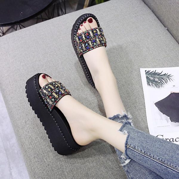 

slippers korean fashion water diamond muffin heel in summer 2021, Black