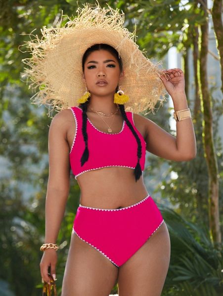 

plus whip stitch high waisted bikini swimsuit t150#, Black