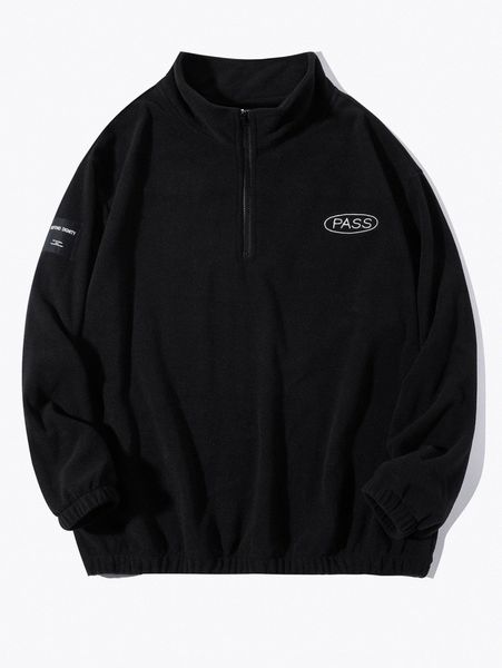 

men letter embroidery patched detail half zip fleece sweatshirt m4kk#, Black
