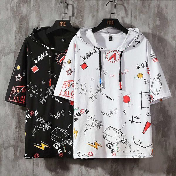 

men's t-shirts man-made hoodie, short-sleeve sports shirt with a hip hop streetwear pattern for summer., White;black