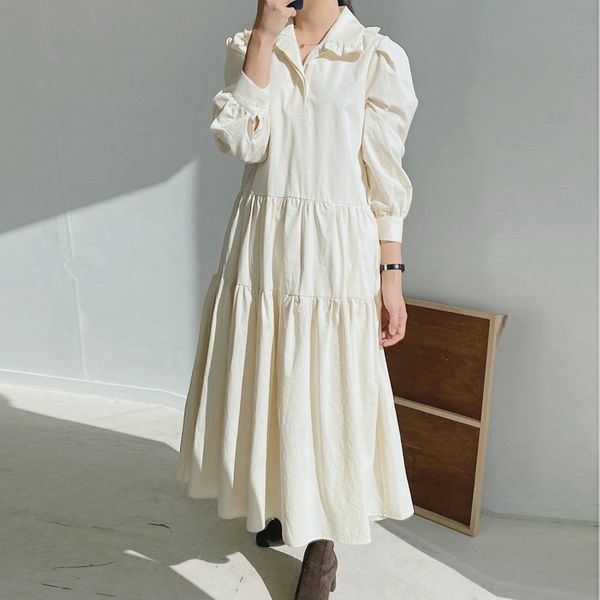 

spring/autumn new solid peter pan collar full a-line ruffles dress for women 210421, Black;gray