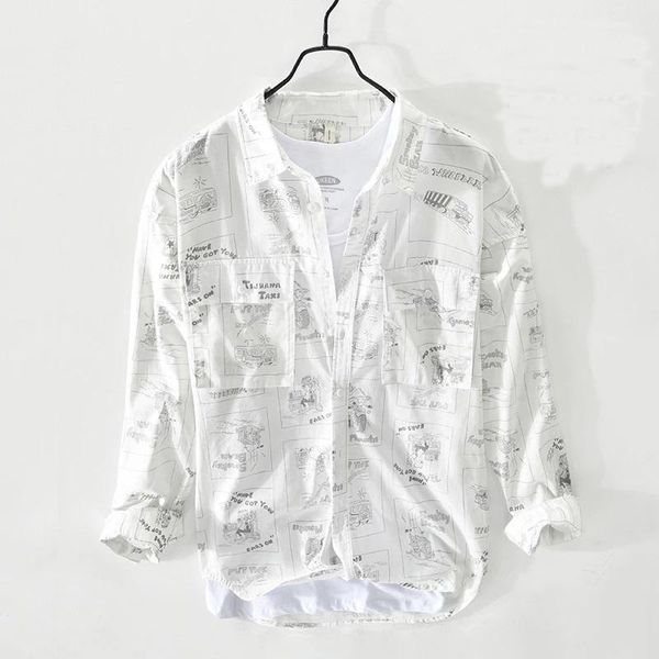 

men's casual shirts spring and summer men pure cotton beach style print long sleeve shirt thin coat, White;black