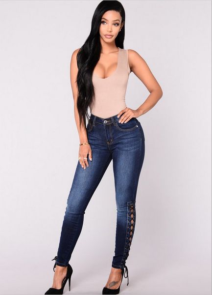 

Fashion A Pair Of Jeans Net Red Selling Women' Pants Personalized Bandage Elastic Show the Trend of Ny Small Leg, Dark