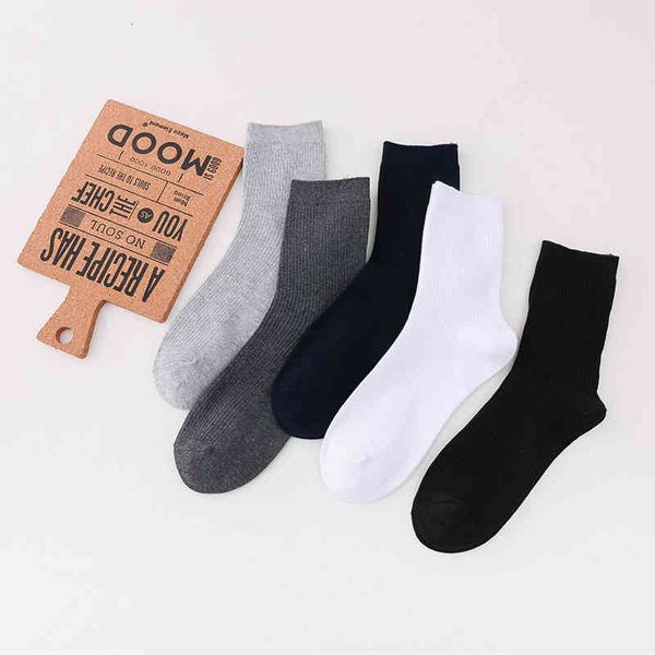 

socks autumn and winter double needle men's simple combed cotton medium tube warm thickened solid color high, Black;white