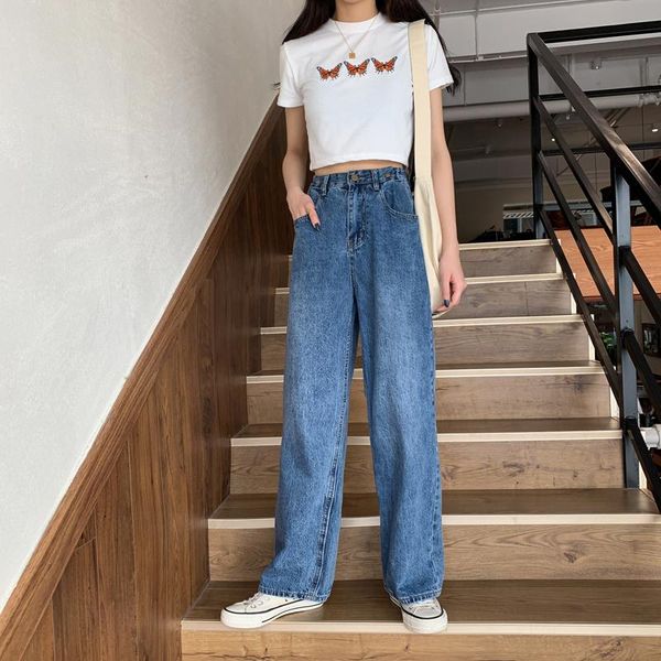 

vintage wide leg jeans women high waist 2021 button straight casual mom full length ladies plus size boyfriend women's, Blue