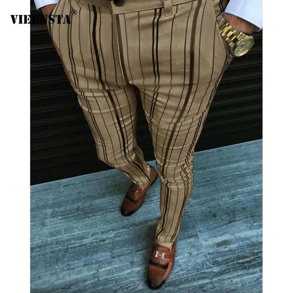 

men's pants 2021 business casual long streetwear autumn fashion slim trousers for men mid waist striped printed pencil, Black
