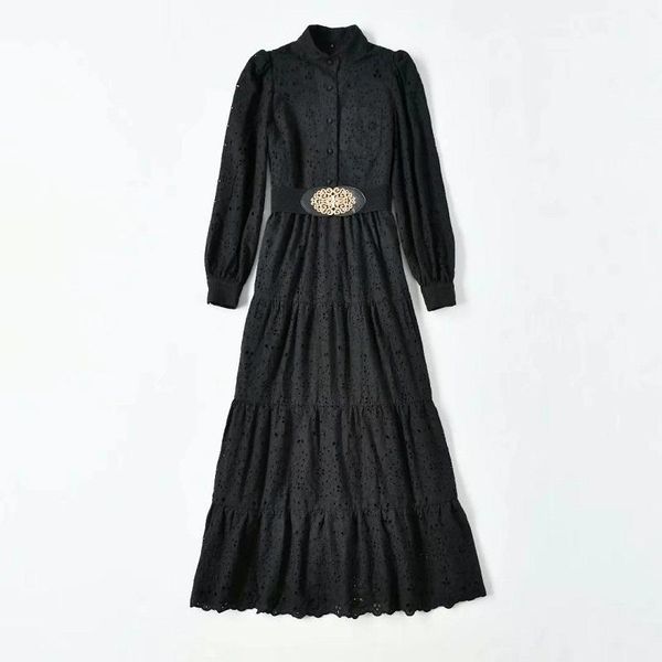 

casual dresses black long dress 2021 autumn evening party women allover hollow out embroidery belt deco maxi vestido, Black;gray