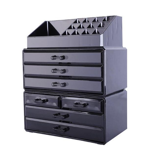 

sf-1122-7 3pcs/set plastic cosmetics storage rack transparent 5 large & 2 small drawers black cosmetic bags cases