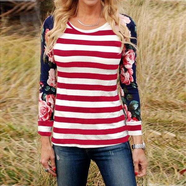 

maternity & tees 2021 spring autumn trendy ethnic striped colorful flowers print o-neck women t-shirt long sleeve patchwork blouse lady, White