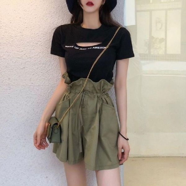 

women's t-shirt hollow female fashion slim low cut print short sleeve 2021 student girl, White
