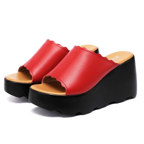 

size 32-43 2021 women slippers summer beach shoes high heels wedge platform peep toe split leather ladies, Black