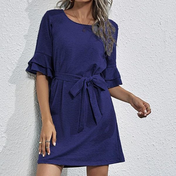 

elegant loose women dress casual o-neck flare sleeve summer dresses with belt m30715, Black;gray