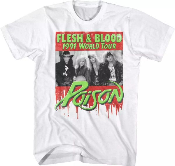 

poison flesh and blood 1991 world tour t shirt mens licensed band retro white, White;black