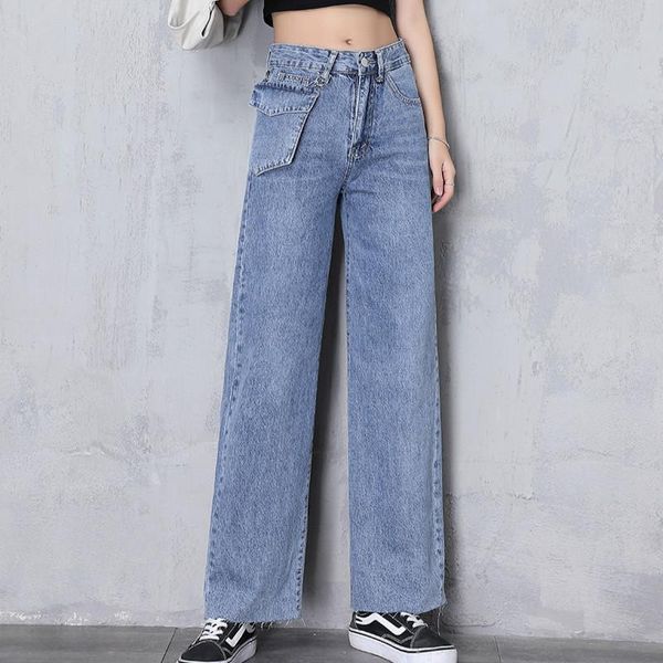 

women's jeans hem high waist wide leg straight loose for women s  l xl, Blue