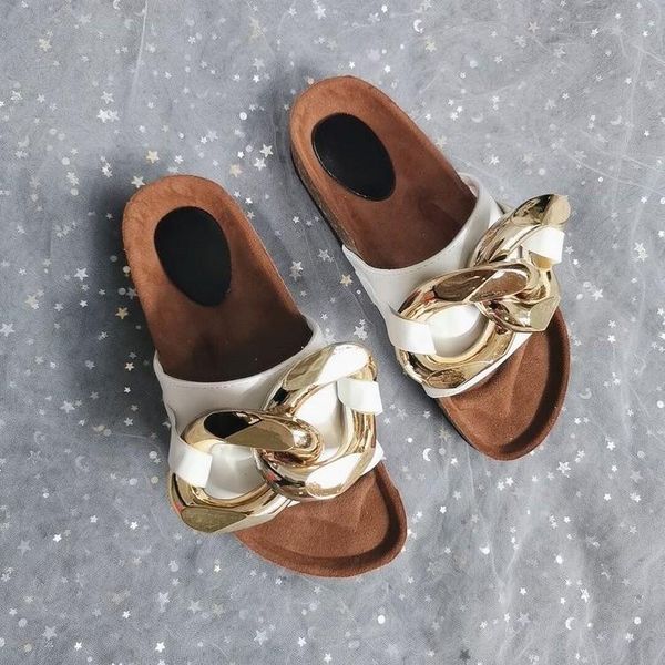 

slippers flip-flops women metal chain leather flat mules fashion casual shoes runway half mujer, Black