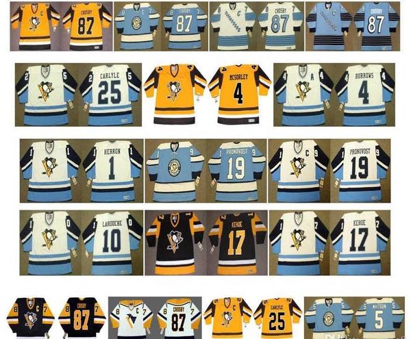 

Vintage Pittsburgh Penguins Jerseys 17 RICK KEHOE 1 DENIS HERRON 19 JEAN PRONOVOST 10 PIERRE LAROUCHE 25 CARLYLE 4 Burrows CCM Custom Hockey, Colour 1