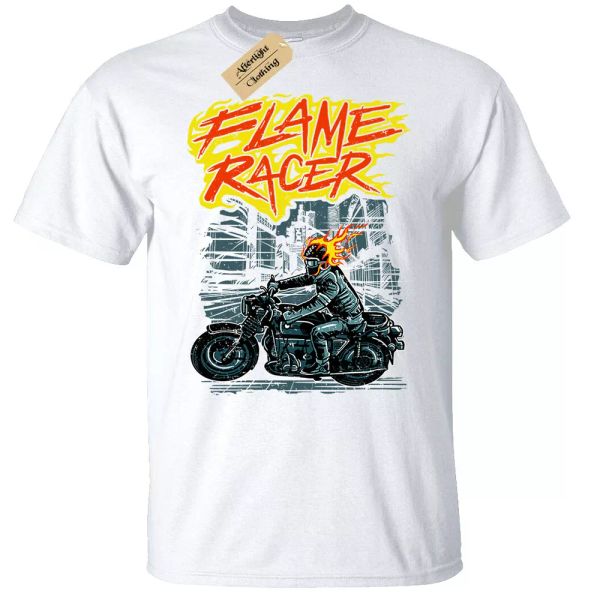 

flame runner shirt man biker who skull motor white top, White;black