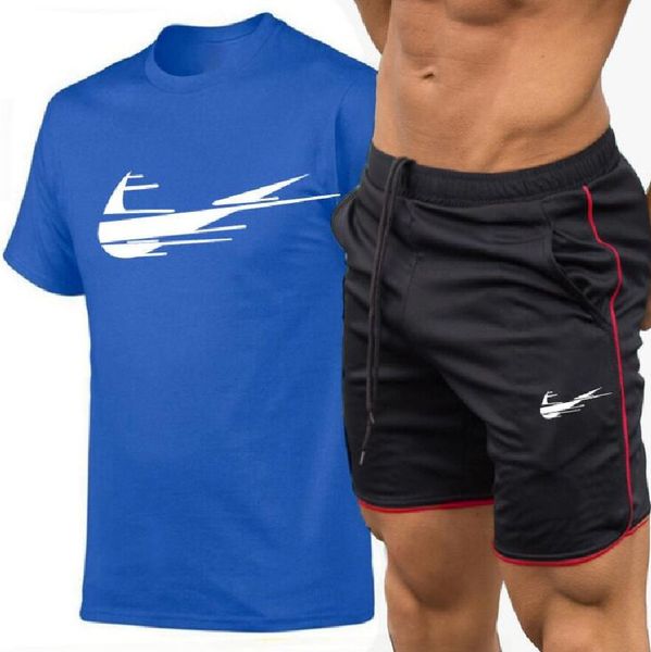 

tracksuit t shirts+shorts men 2 pieces sets 2021 summer brand print sportswears beach wear men's tees short pants suit, Gray