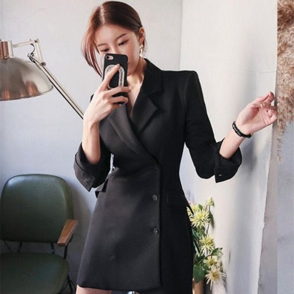 

women's suits & blazers 2021 spring autumn suit jacket female oblique buckle slim trench coat mid-length dress ladies fit long blazer k, White;black