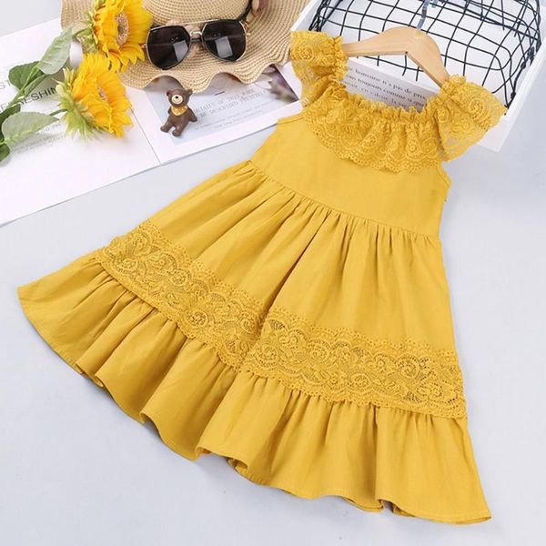 

girl's dresses dress lace stitching loose children girls ruffle hem for vacation, Red;yellow