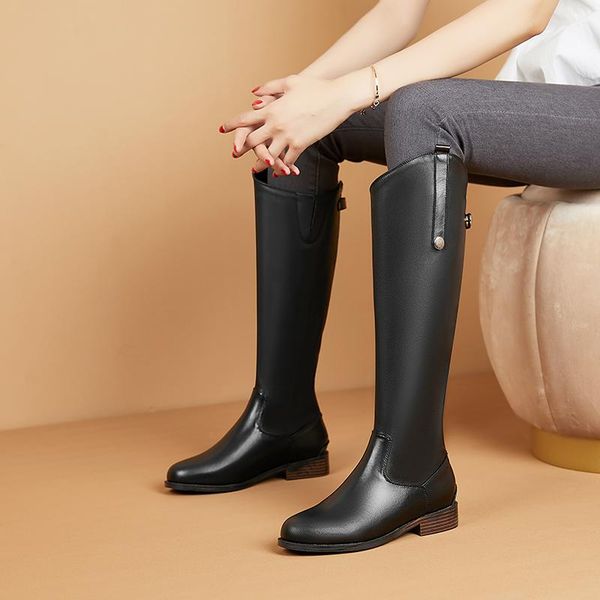 

boots genuine leather women knee high fashion zippers low heels female night club shoes woman big size, Black