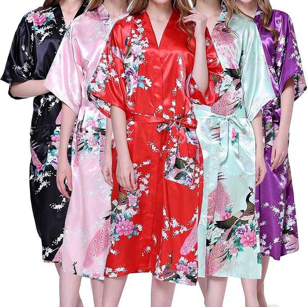 

women's sleepwear silk kimono robe bathrobe women satin robes night grow for bridesmaid summer nightdress, Black;red