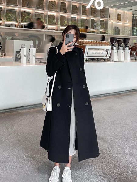 

women's wool & blends high end double-sided cashmere coat temperament in autumn and winter 2021 classic double row button over knee woo, Black