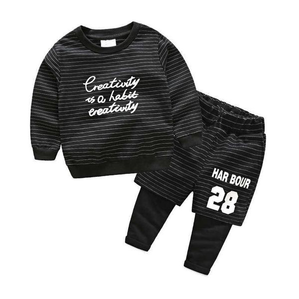 Herbst Frühling 2 3 4 6 8 10 Jahre Baumwolle Schwarz Gestreiftes Hübsches Sweatshirt + Hose 2-teiliges Sportset für Kinder Baby Jungen 210529