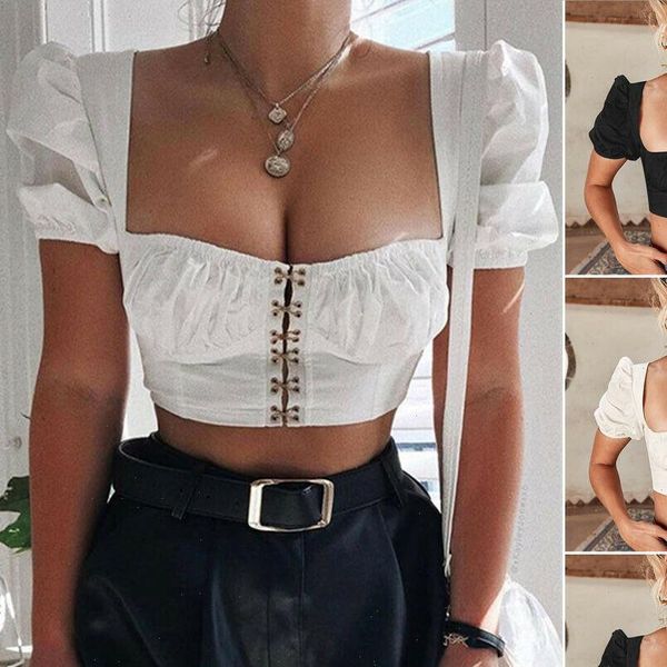 

womens tanks ladies fashion summer square neck crop short sleeve vest t shirt hollow solid, White