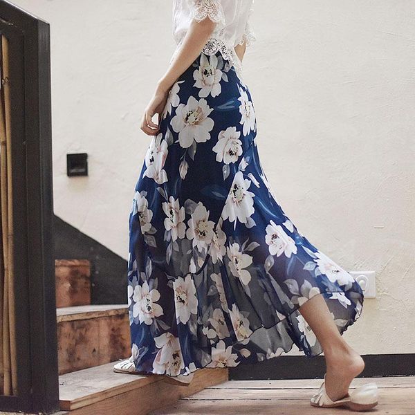 

skirts [ewq] 2021 summer vintage high waist elastic big hem floral chiffon skirt korea casual all-match 5 color qv18300s, Black