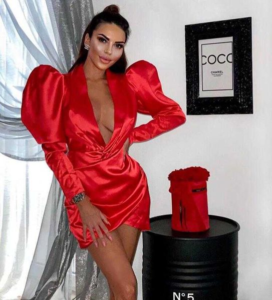 

women v neck designer ruched full sleeve satin party dress elegant evening celebrity chic vestido 210527, Black;gray