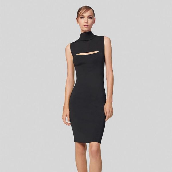 

casual dresses black bandage dress 2021 spring hollowed out design high neck sleeveless slim bodycon mini party quality, Black;gray