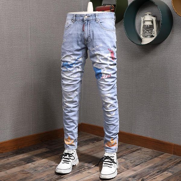 

men's jeans european american street fashion men retro light blue printed designer night club style hip hop denim punk pants
