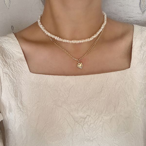 

fashion pearl love heart pendant necklace vintage multilayer chain imitation pearl collar choker necklace female jewelry gift, Golden;silver
