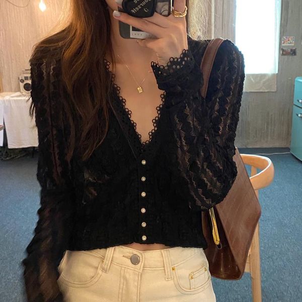 

women's blouses & shirts women autumn female lace single breasted cardigan jacquard elegant casual all match office lady blouse, White