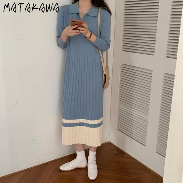 

turn-down collar woman dress pleated stitching femme robe loose long sleeve sweater knitted dresses for women 210506, Black;gray