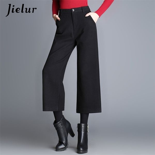 

plus size wide leg pants women work wear ankle-length office lady high waist korean fashion woolen pantalon femme 210426, White;black