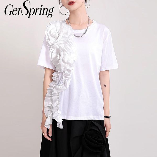 

women's t-shirt getspring women t shirt flowers patchwork black white cotton irregular short sleeve summer 2021