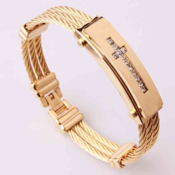 

brand new 316l stainless steel spanish cross cable bracelet/bangles three rows bracelet mens jewelry, Golden;silver