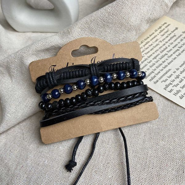 

f990 blue silver beaded black men's leather bracelet 4 pack creative personalized bracelet
