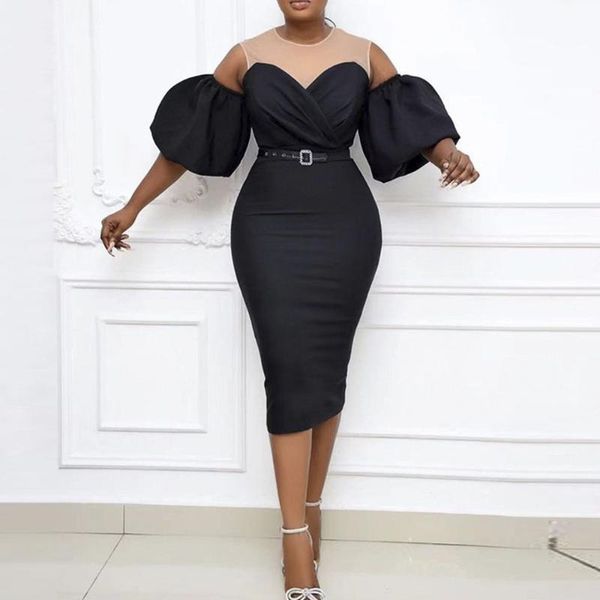 

casual dresses 2021 autumn african women's dress puff sleeve fashion splicing strapless solid color high waist buttocks round neck, Black;gray
