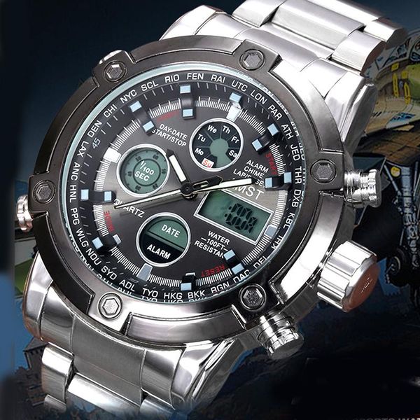 

wristwatches luxury amst digital quartz analog display dual time men stainless steel sport military man waterproof wrist watche, Slivery;brown
