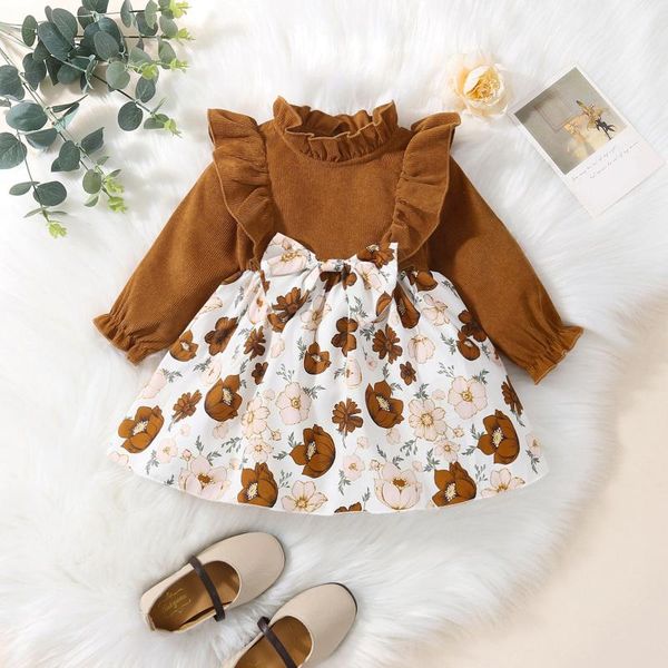 

girl's dresses focusnorm 0-24m lovely baby girls autumn dress flowers printed ruffles collar long sleeve a-line knee length, Red;yellow