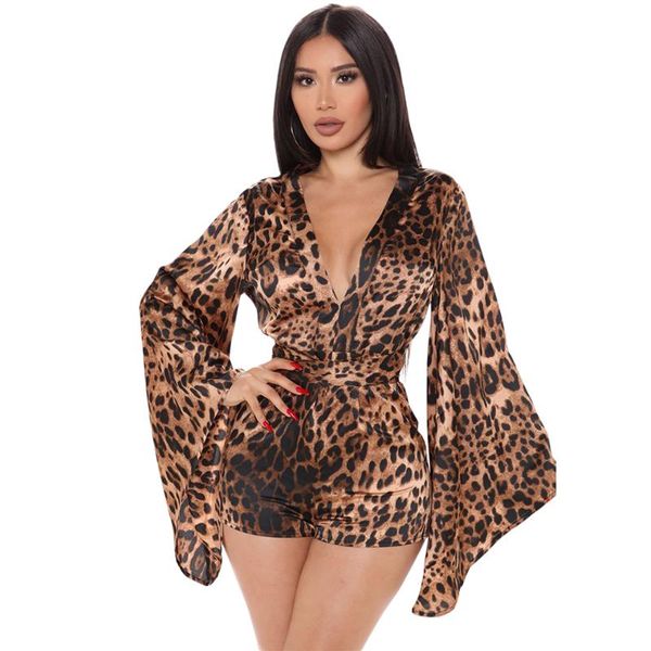 

women's jumpsuits & rompers womens long sleeve romper shorts bell leopard print one piece outfit elastic waist v neck, Black;white