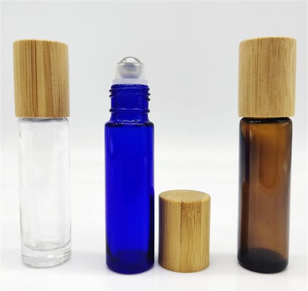 Großhandel 10 ml Glas-Rollflasche mit Bambusdeckel für ätherische Öle, umweltfreundliche, nachfüllbare, klare Parfümprobenflaschen