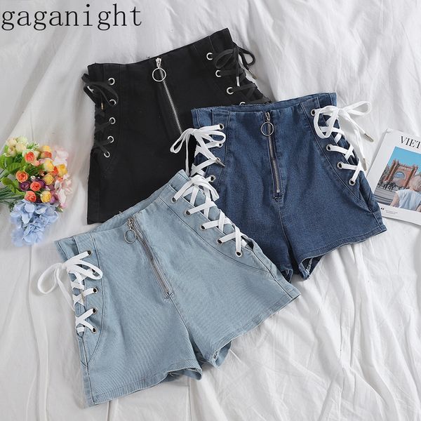 

gaganight women jeans short bandage summer chic denims girls shorts zipper plus size high waist solid bottom short female 210519, White;black