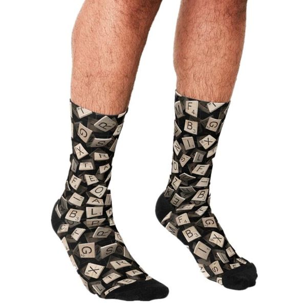 

men's socks 2021 funny scrabble tile madness pattern printed hip hop men happy cute boys street style crazy for, Black