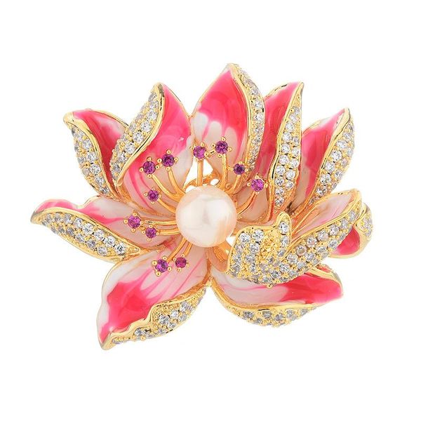 

pins, brooches copper inlaid zircon wedding color jewelry accessories fashion upscale elegant flower with pearl delicate brooch buckle pin, Gray
