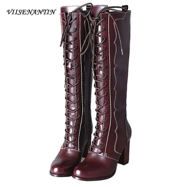 

boots high-heeled thick heel lace-up side zipper casual green wine red runway chic bootie round toe, Black